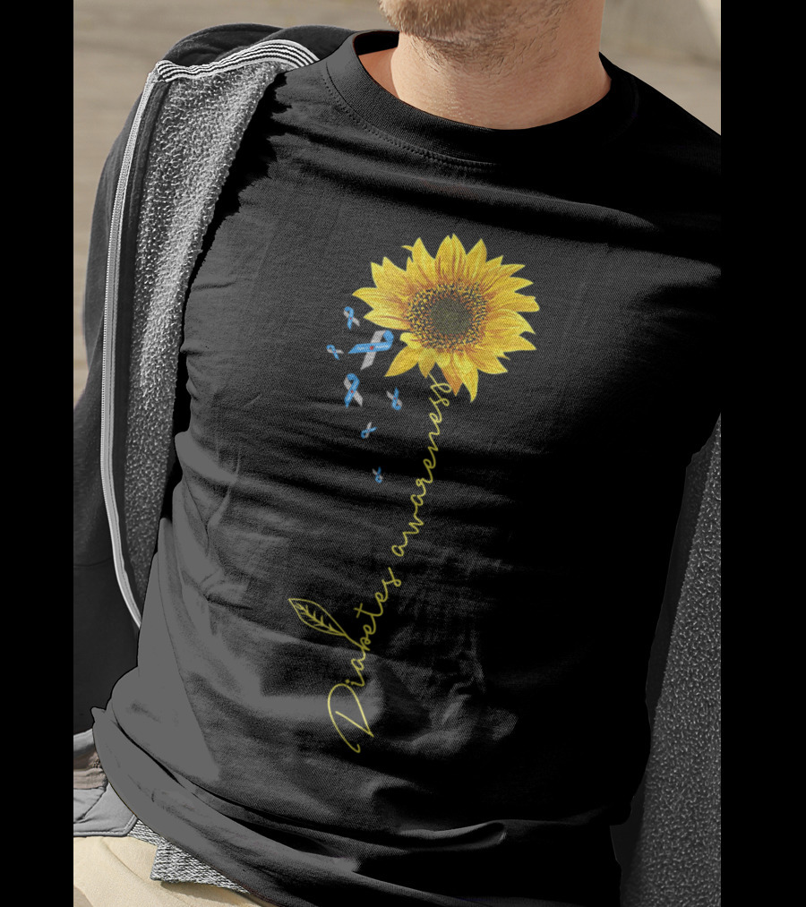 Diabetes Awareness Sunflower With Blue Ribbons T-Shirt
