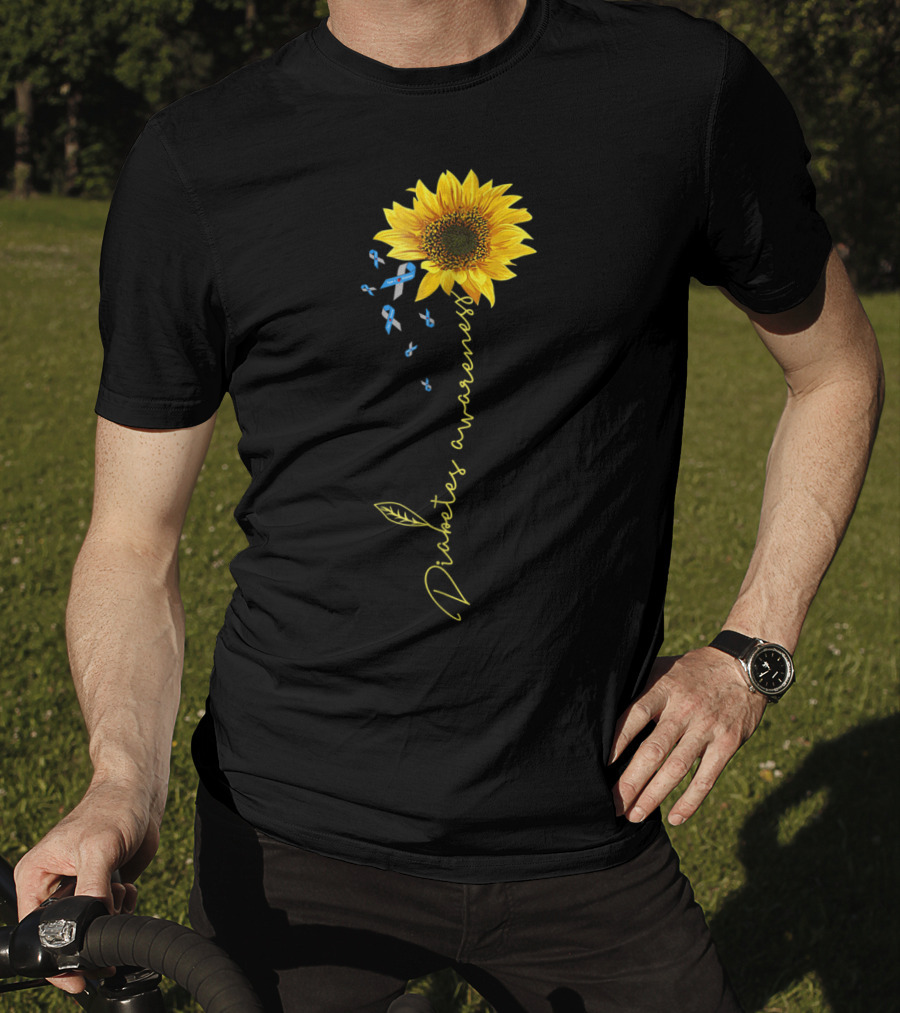 Diabetes Awareness Sunflower With Blue Ribbons T-Shirt