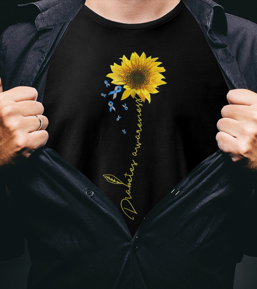 Diabetes Awareness Sunflower With Blue Ribbons T-Shirt