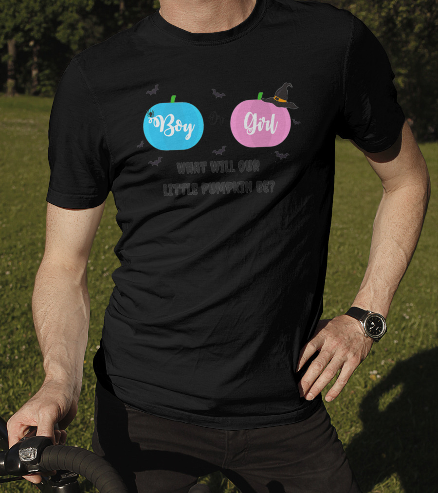 Boy Or Girl Halloween Gender Reveal What Will Our Little Pumpkin Be Dad Brother Sister78 T-Shirt