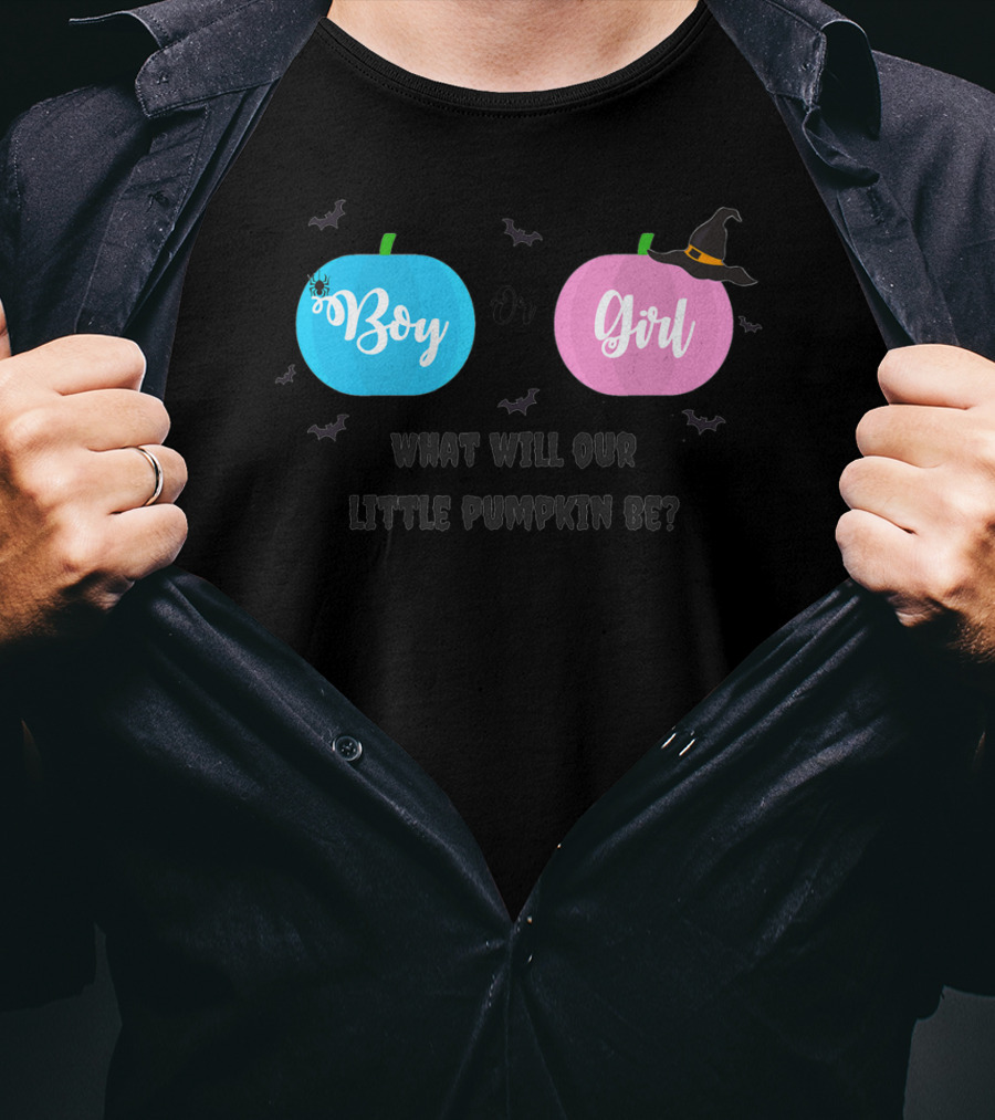 Boy Or Girl Halloween Gender Reveal What Will Our Little Pumpkin Be Dad Brother Sister78 T-Shirt