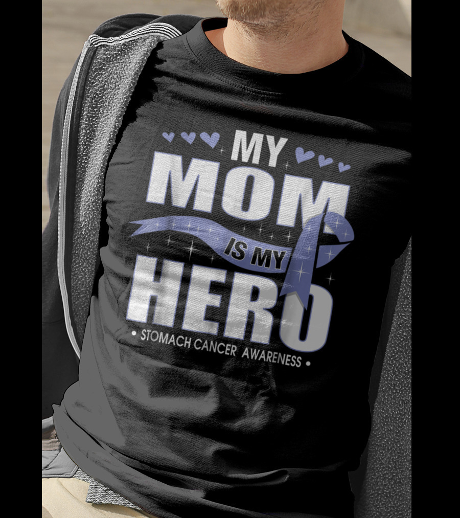 My Mom Is My Hero Stomach Cancer Awareness Ribbon Hearts T-Shirt