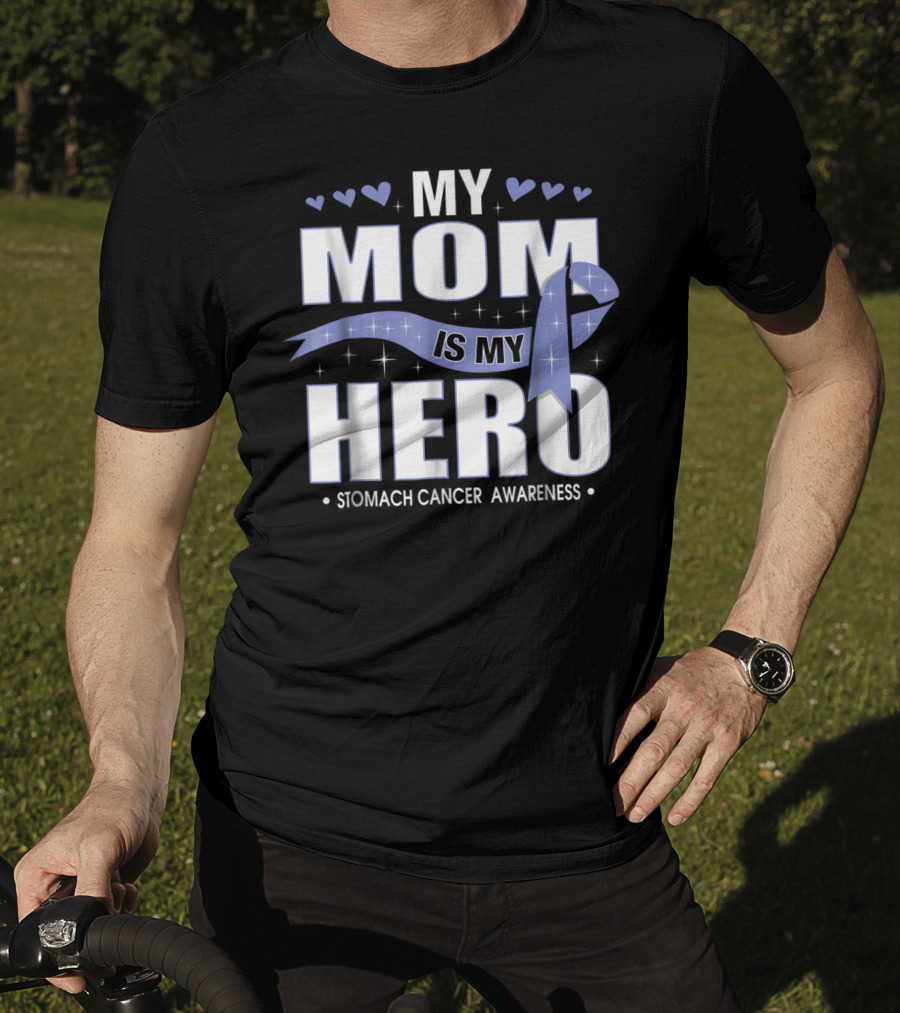 My Mom Is My Hero Stomach Cancer Awareness Ribbon Hearts T-Shirt