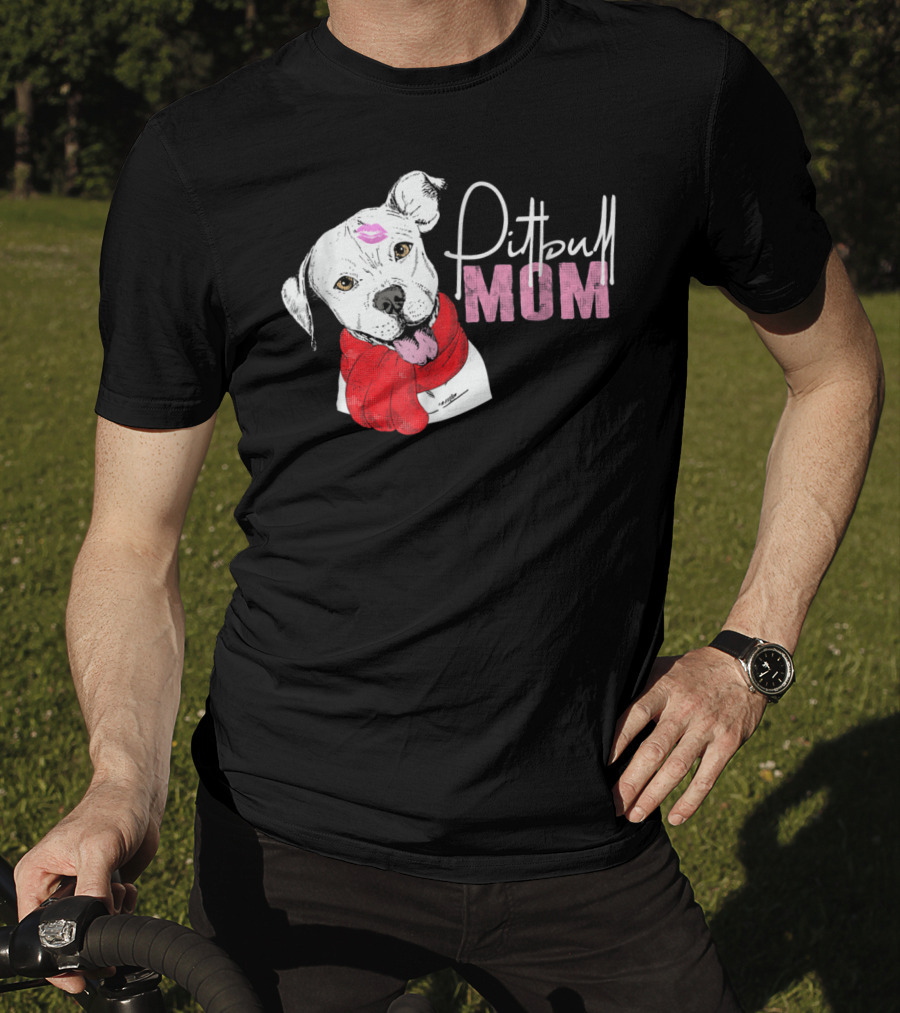 Pitbull Mom Pittie With Kissed Face And Red Scarf T-Shirt