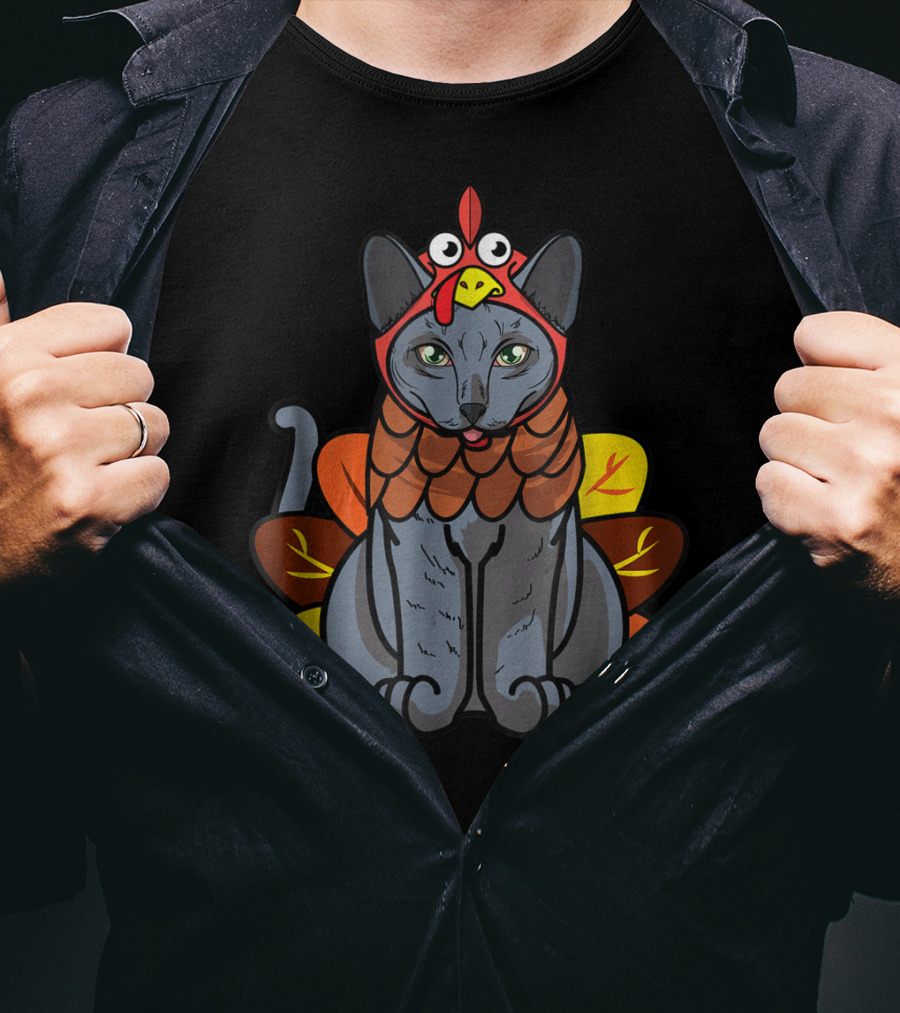 Thanksgiving Greetings Blue Cat Mom Owner With Turkey Costume T-Shirt