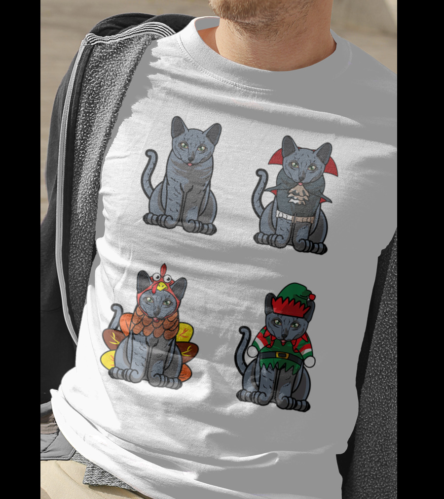 Blue Cat Halloween Thanksgiving Christmas Costumes T-Shirt