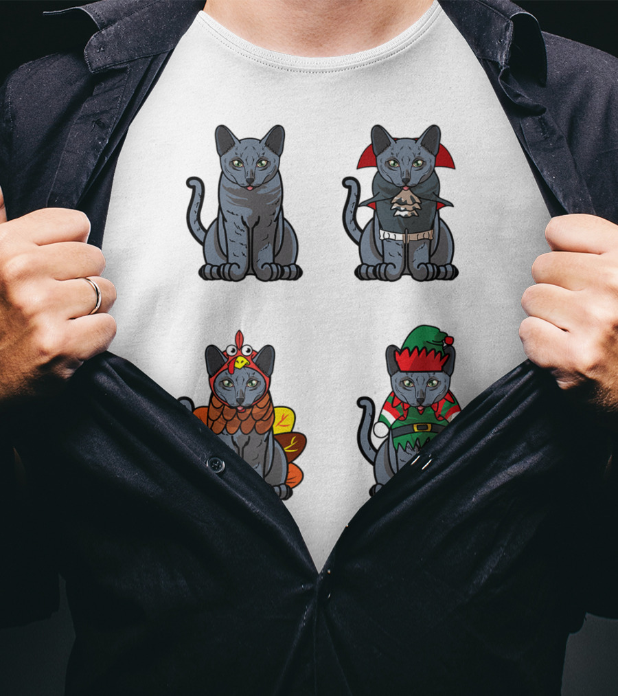 Blue Cat Halloween Thanksgiving Christmas Costumes T-Shirt