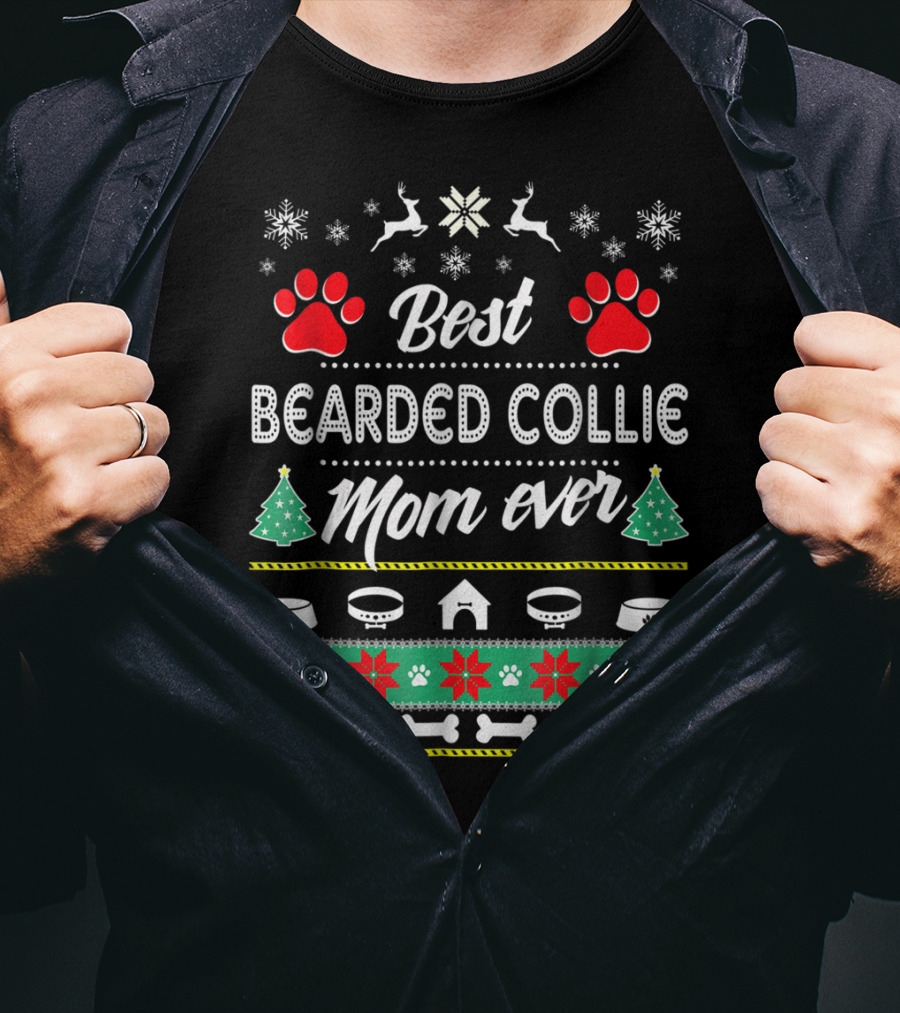 Best Bearded Collie Mom Ever Snowflake Reindeer Paw Print Christmas T-Shirt