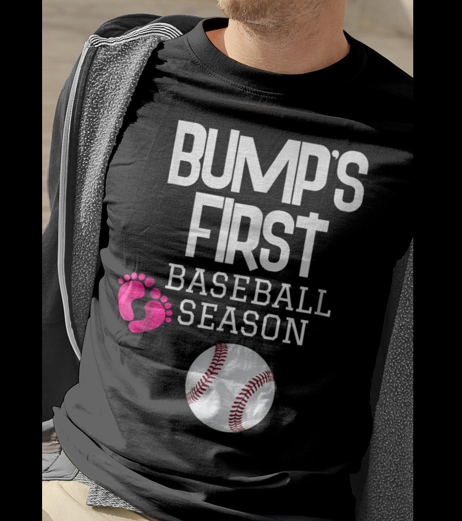 Bump's First Baseball Season New Mom To Be With Baby Footprints And Baseball T-Shirt