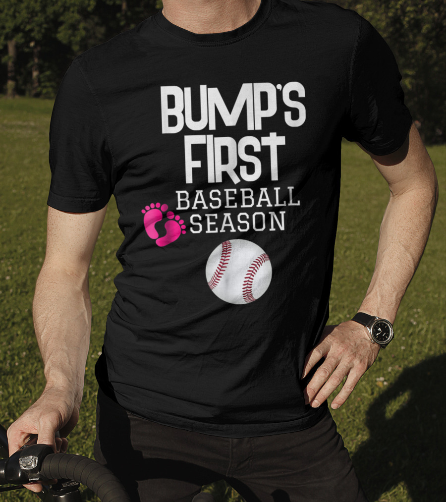 Bump's First Baseball Season New Mom To Be With Baby Footprints And Baseball T-Shirt