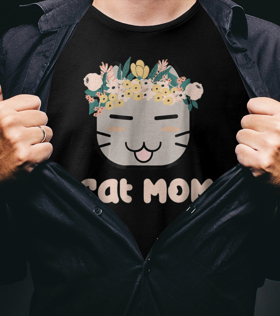Cat Mom Floral Cat With Flower Crown T-Shirt