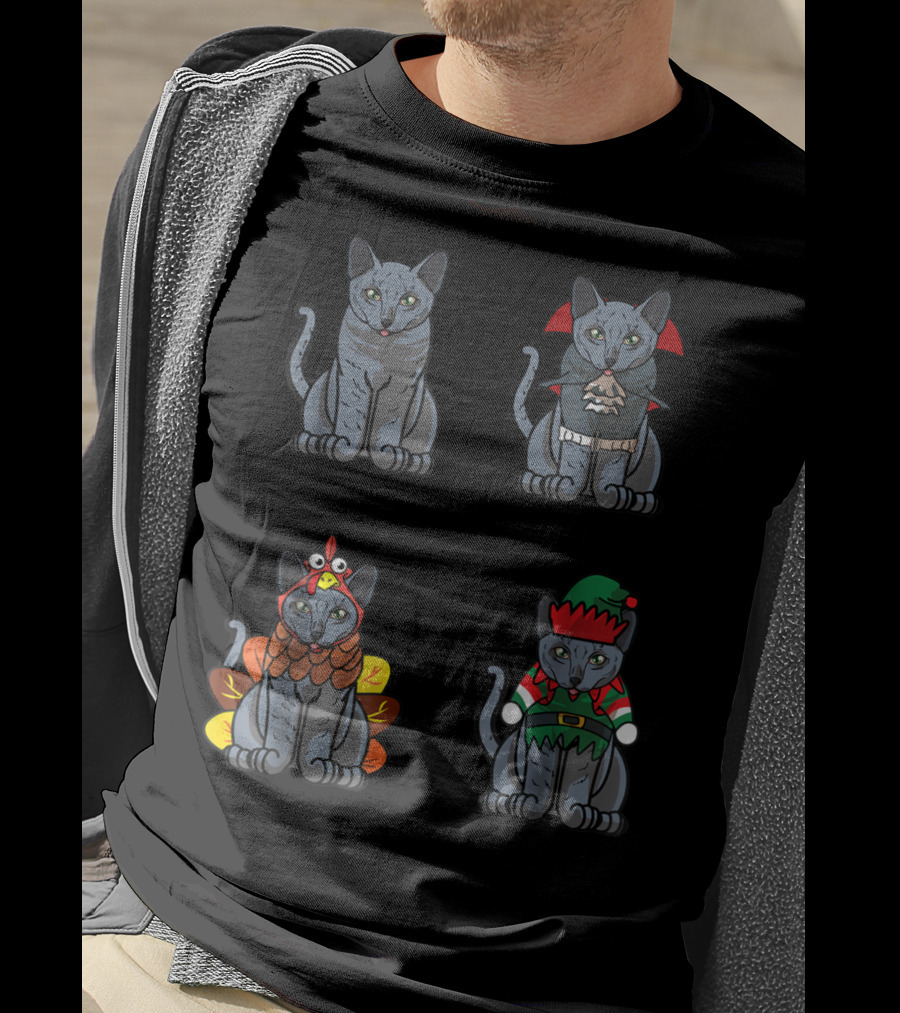 Blue Halloween Thanksgiving Christmas Cat Costume Quartet T-Shirt