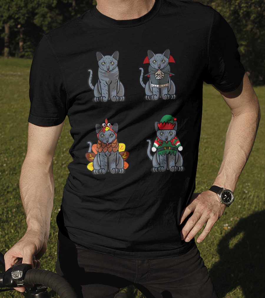 Blue Halloween Thanksgiving Christmas Cat Costume Quartet T-Shirt
