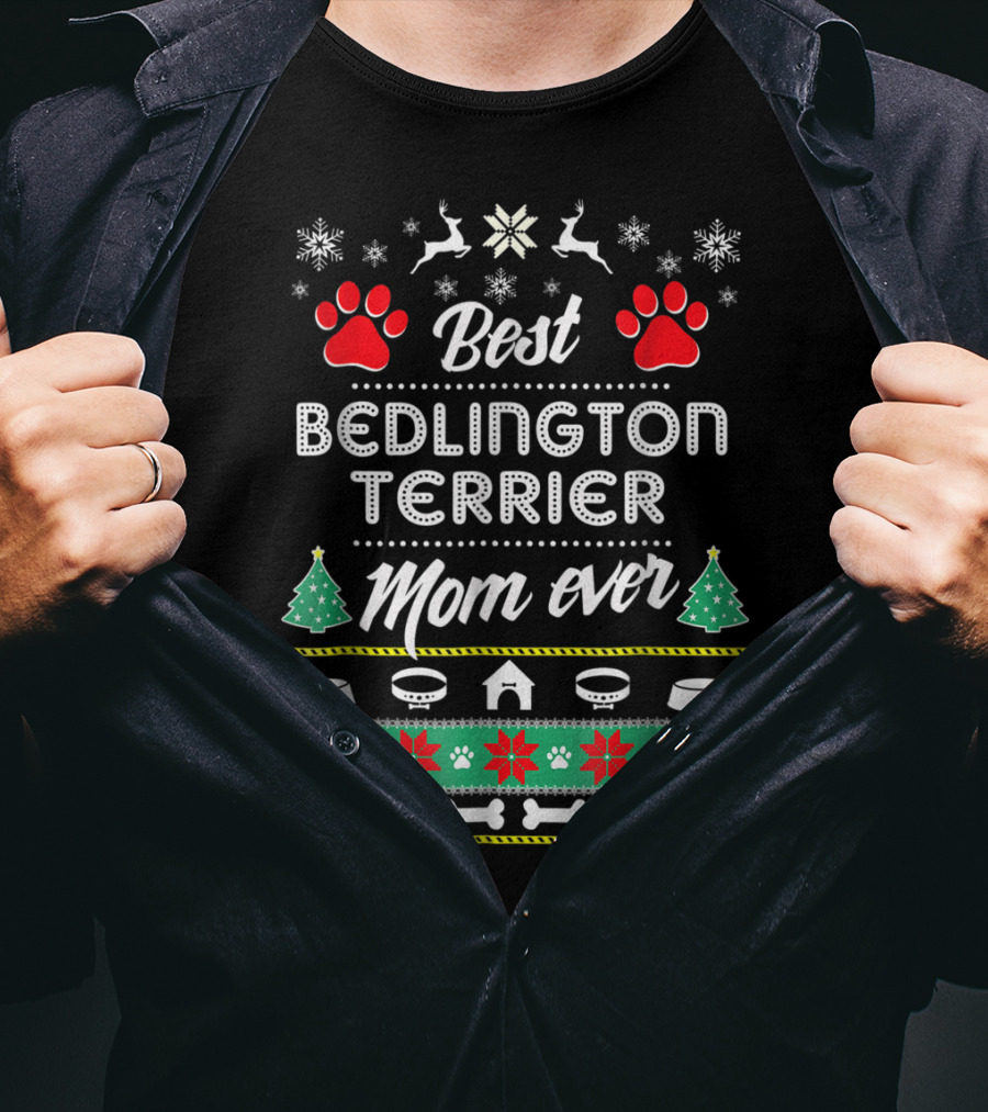 Best Bedlington Terrier Mom Ever With Christmas Reindeer And Paw Prints T-Shirt