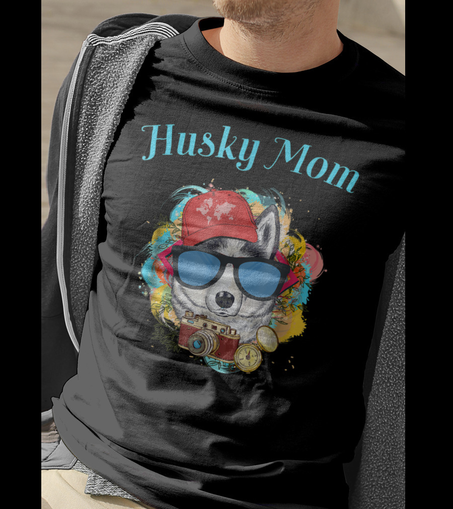 Husky Mom Dog With Red Cap And Sunglasses Surrounded By Camera T-Shirt