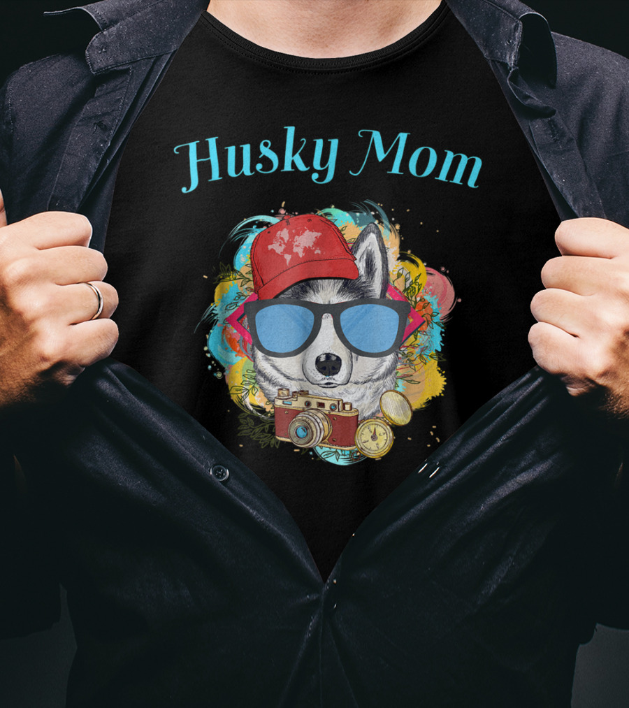 Husky Mom Dog With Red Cap And Sunglasses Surrounded By Camera T-Shirt