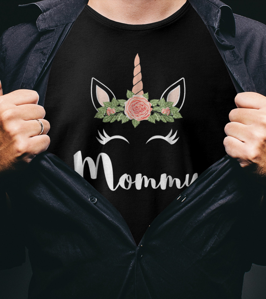 Mommy Cute Unicorn Face Mommy Flower Crown T-Shirt