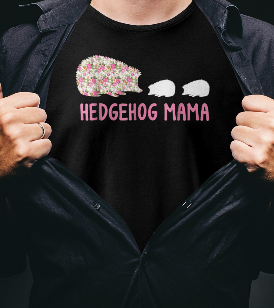 Hedgehog Mama With Floral Pattern And Babies T-Shirt