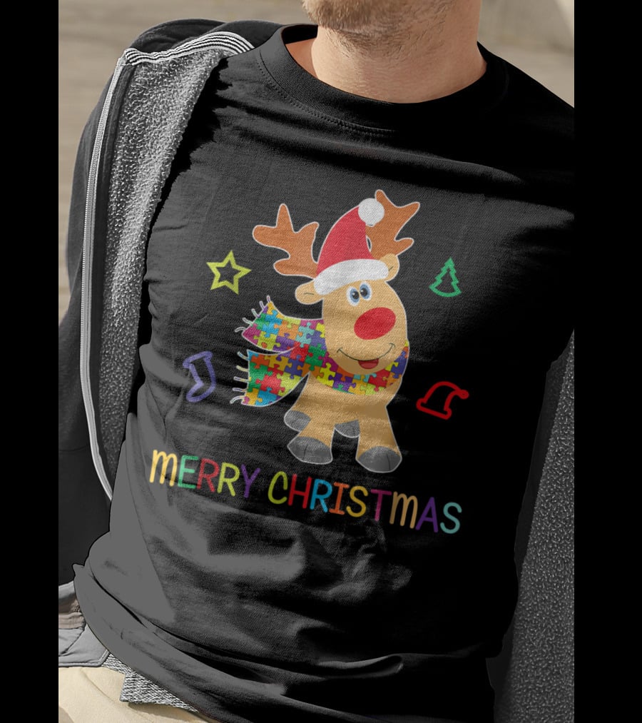 Merry Christmas Autism Awareness Reindeer Puzzle Scarf Holiday Kids 65 T-Shirt