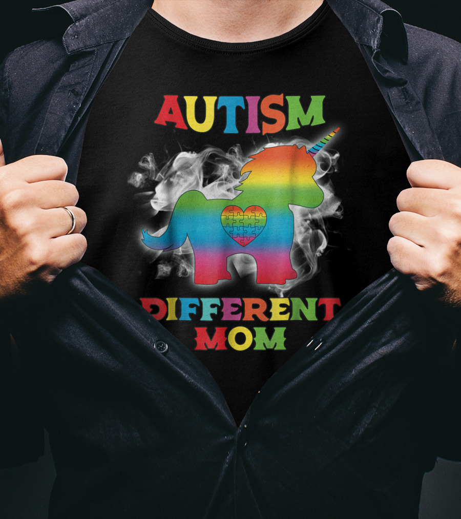 Autism Different Mom Rainbow Puzzle Heart Unicorn T-Shirt