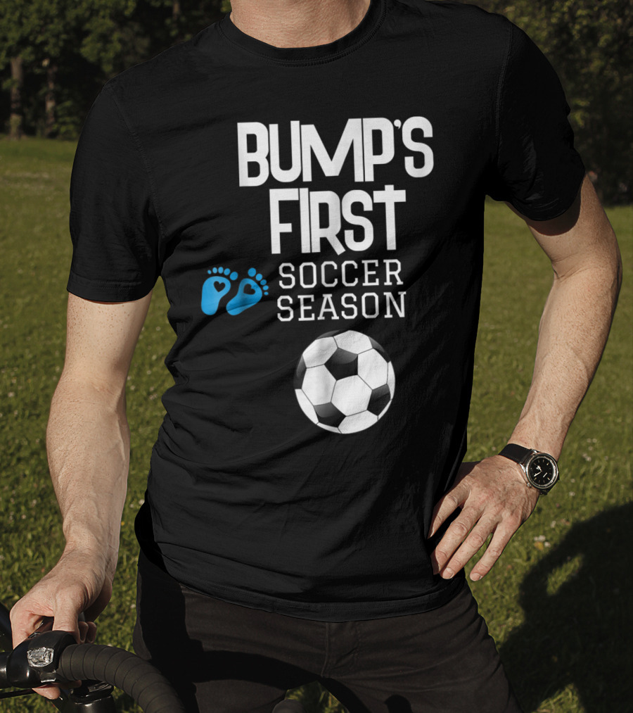 Bump's First Soccer Season New Mom To Be With Baby Footprints And Soccer Ball T-Shirt