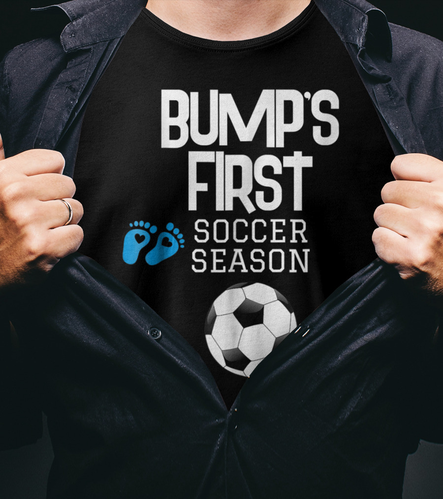 Bump's First Soccer Season New Mom To Be With Baby Footprints And Soccer Ball T-Shirt