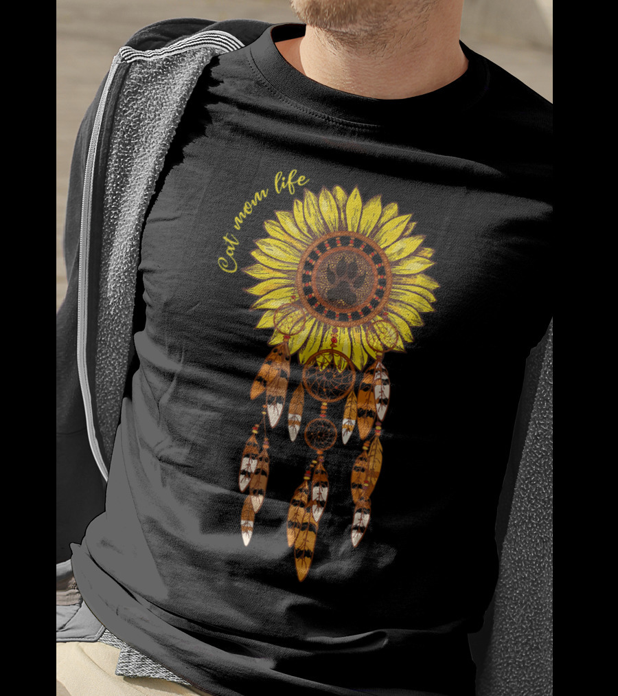 Cat Mom Life Sunflower Dreamcatcher Pawprint Hippie Girl T-Shirt
