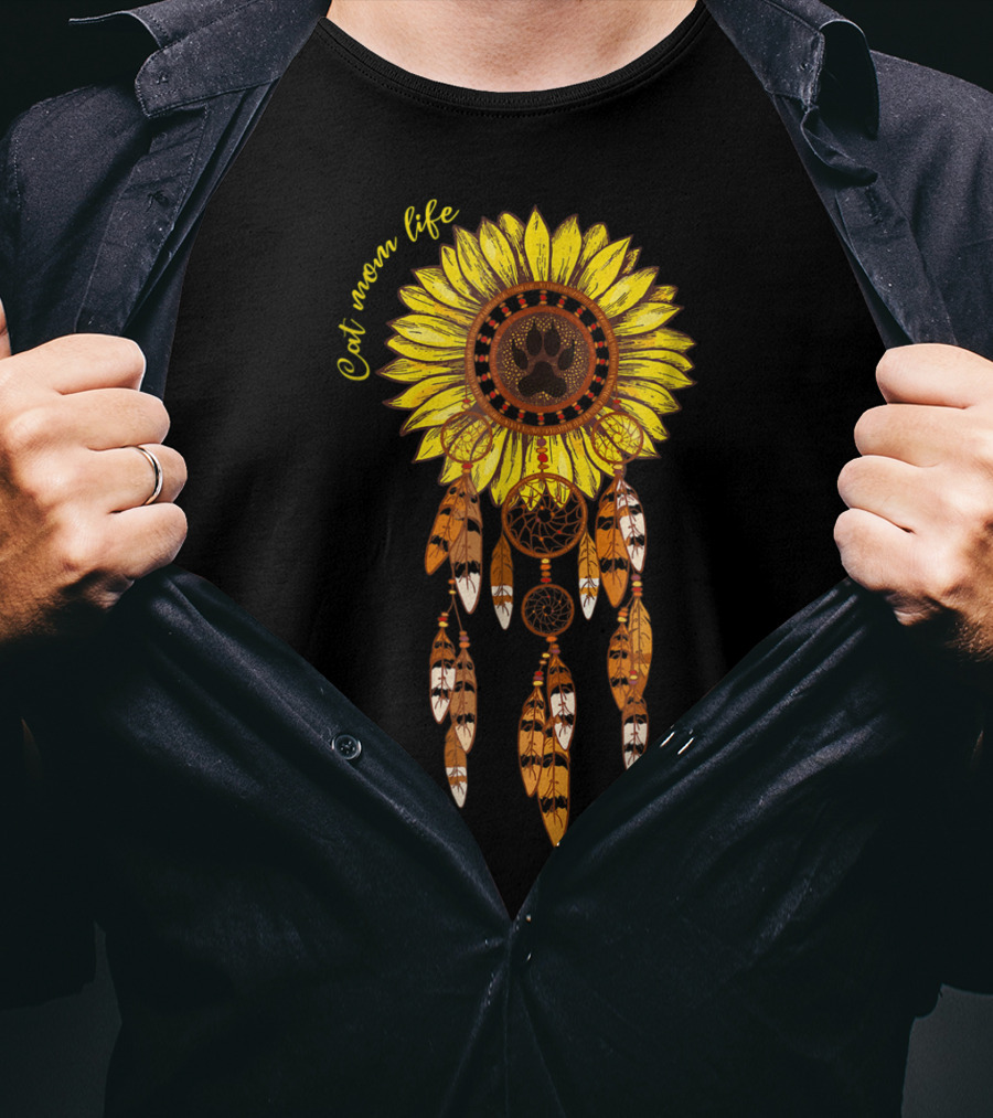 Cat Mom Life Sunflower Dreamcatcher Pawprint Hippie Girl T-Shirt