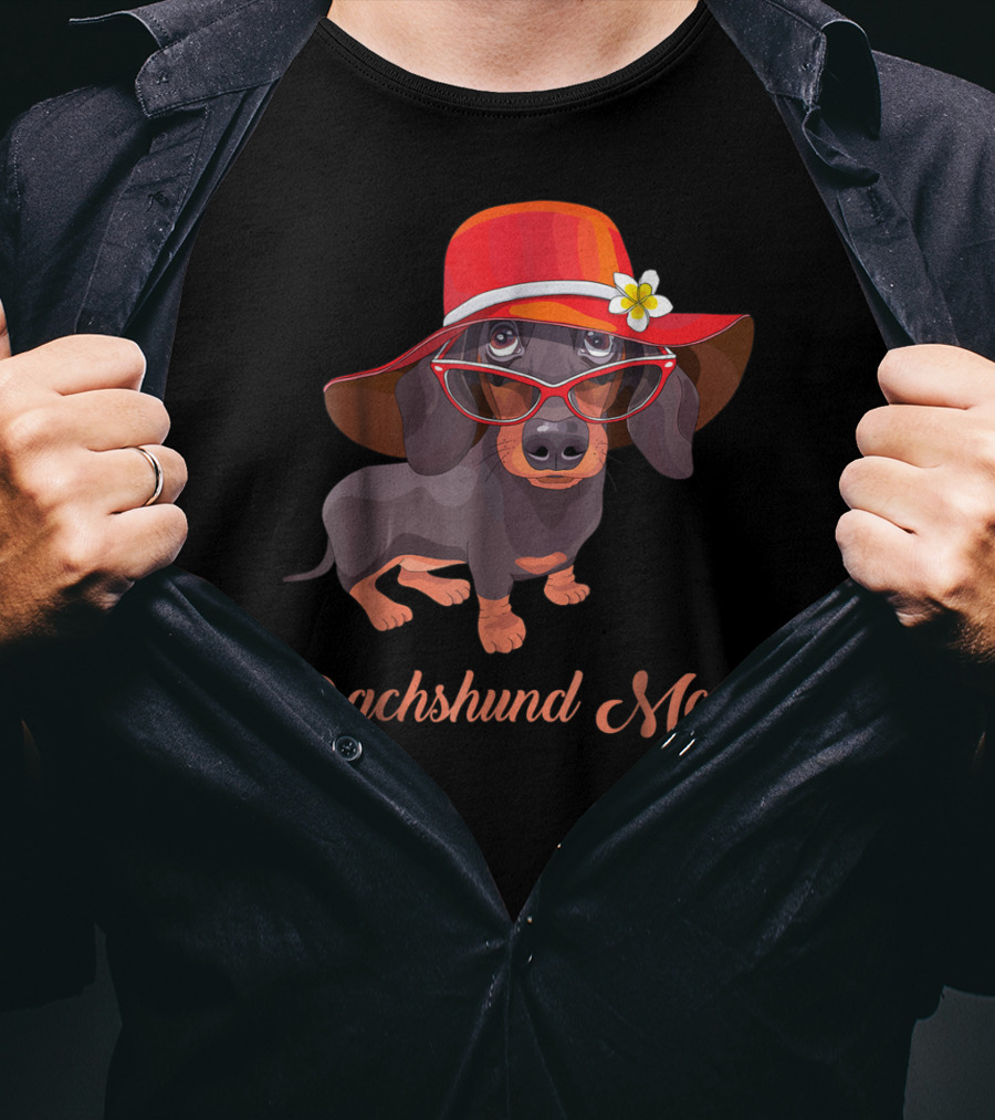 Dachshund Mom Mom Of Dachshund Dogs Pet Puppies With Red Hat And Glasses T-Shirt
