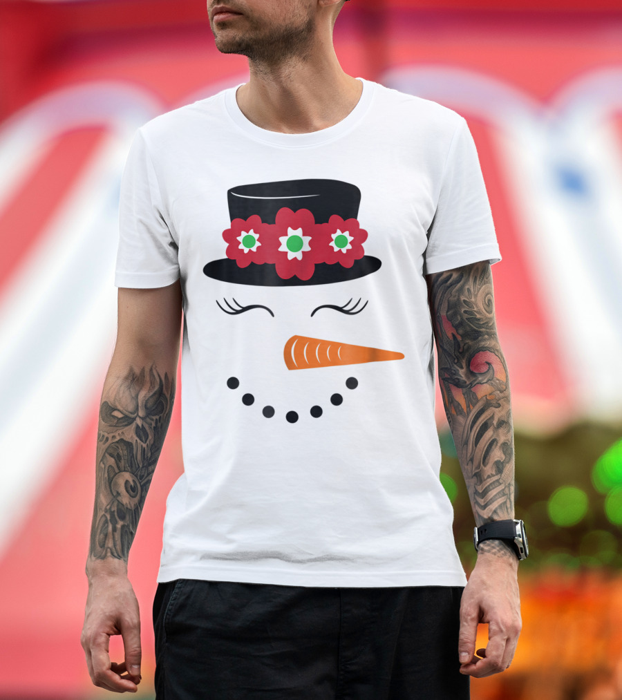 Family Christmas Card Snowman Woman With Hat And Flowers Mom Girl25 T-Shirt