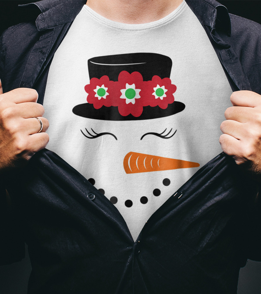 Family Christmas Card Snowman Woman With Hat And Flowers Mom Girl25 T-Shirt