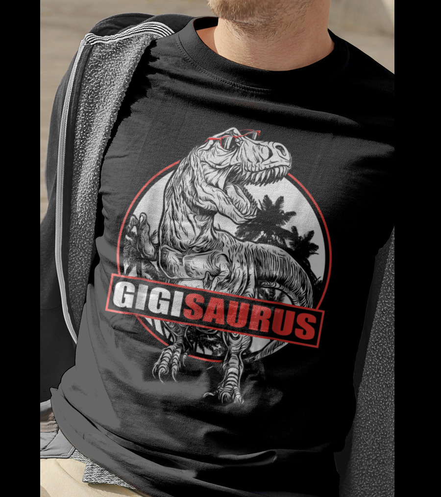 GigiSaurus Dinosaur Gigi Saurus T-Rex Palm Trees Red Glasses Circle T-Shirt