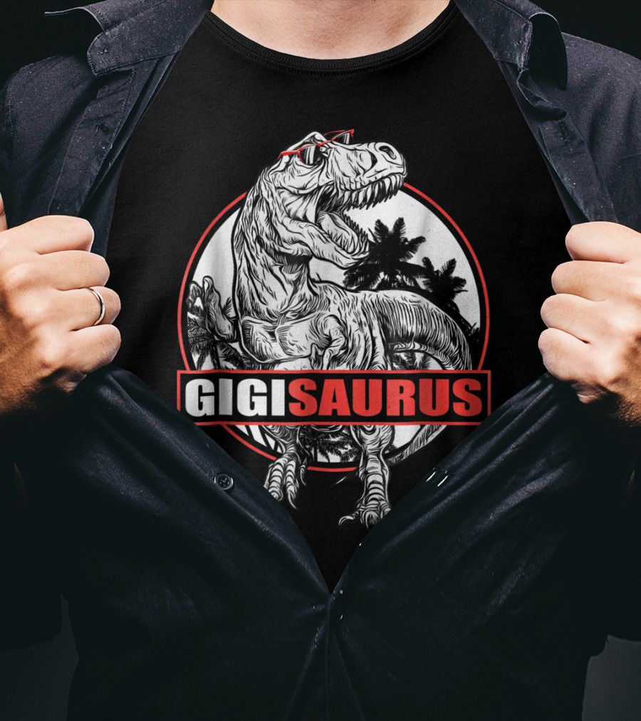 GigiSaurus Dinosaur Gigi Saurus T-Rex Palm Trees Red Glasses Circle T-Shirt