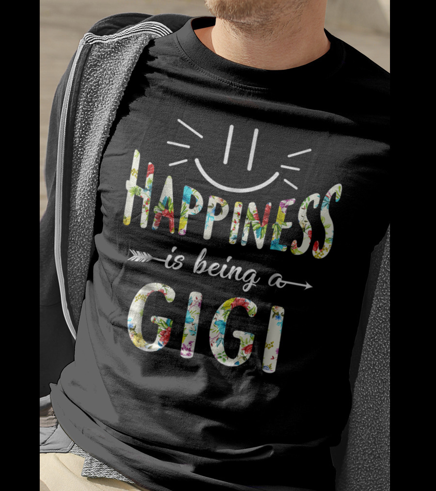 Happiness Is Being A Gigi Floral Pattern Smiley Face T-Shirt