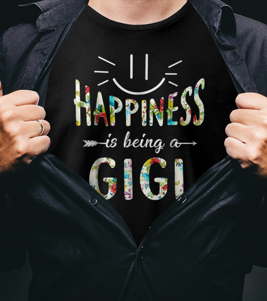 Happiness Is Being A Gigi Floral Pattern Smiley Face T-Shirt