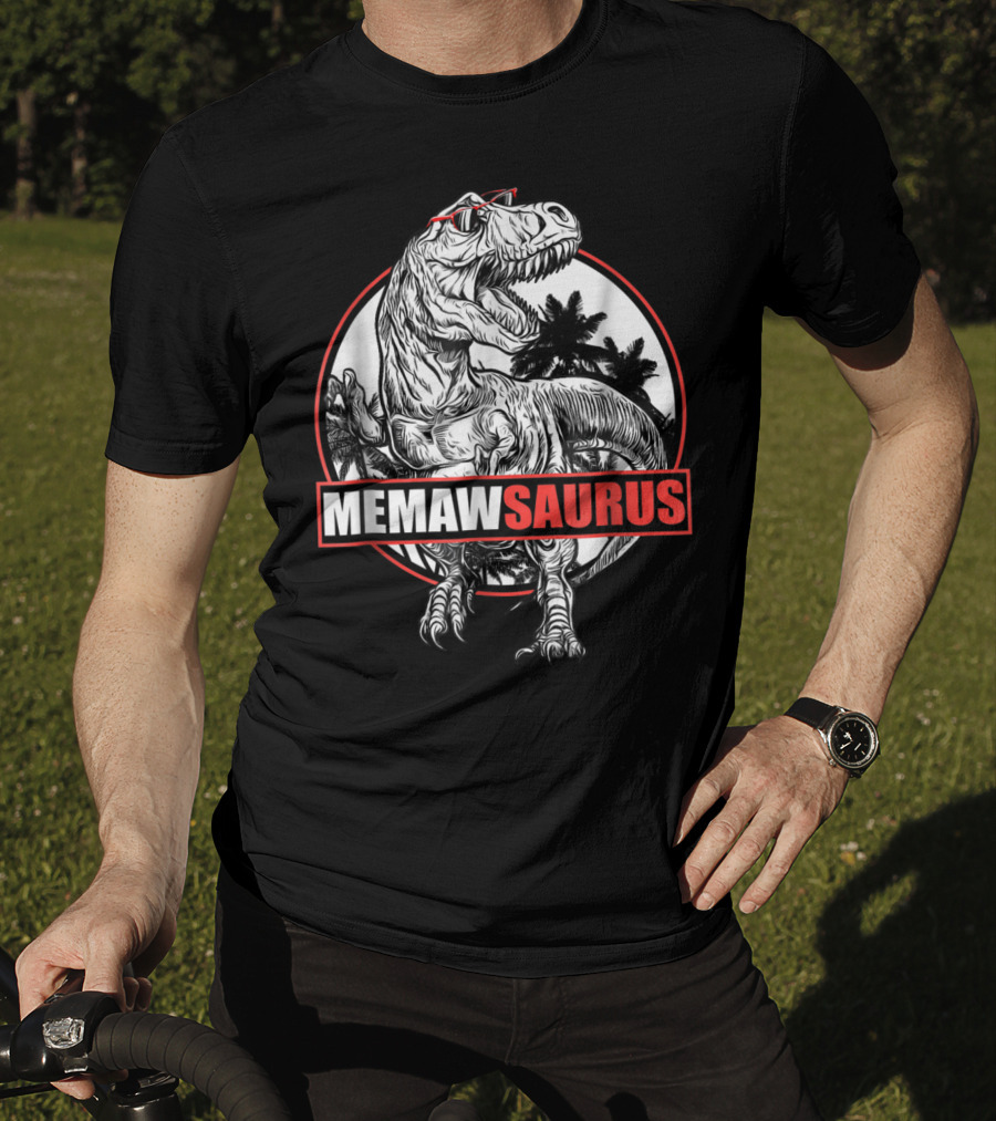 MemawSaurus Dinosaur With Sunglasses Black And Red Outline T-Shirt