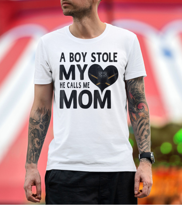 Premium T-Shirt: A Boy Stole My Heart He Calls Me Mom Hockey Heart Mask T-Shirt A Boy Stole My Heart He Calls Me Mom Hockey Heart Mask T-Shirt