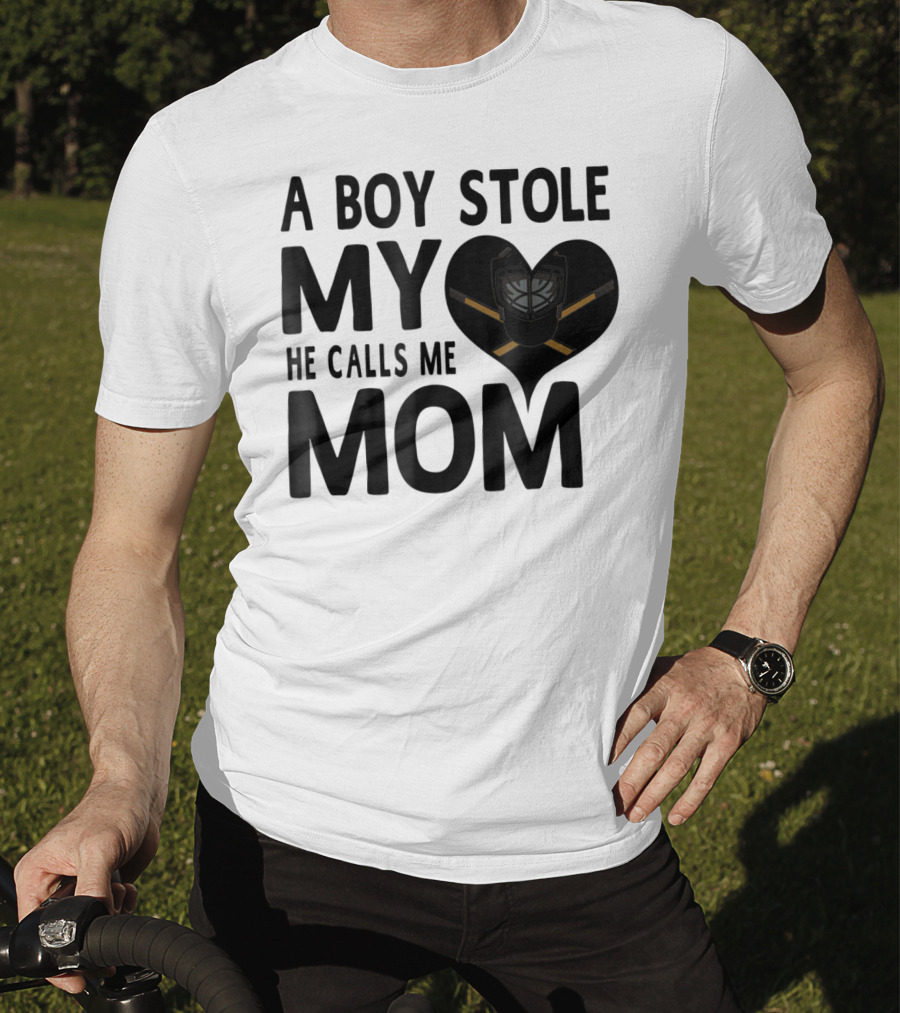 A Boy Stole My Heart He Calls Me Mom Hockey Heart Mask T-Shirt