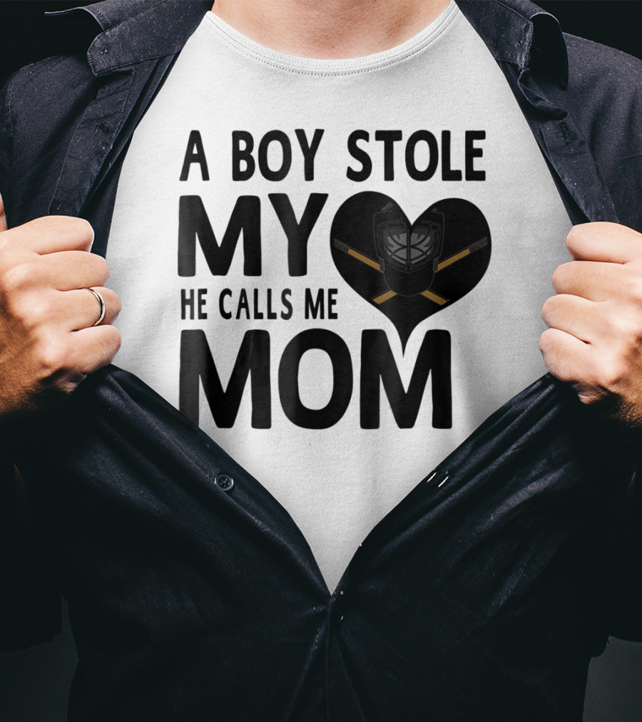 A Boy Stole My Heart He Calls Me Mom Hockey Heart Mask T-Shirt