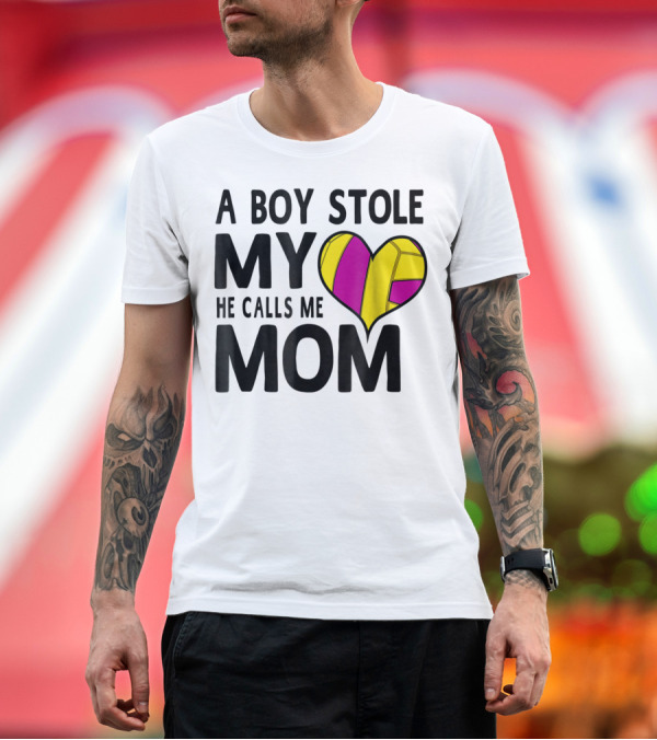 Premium T-Shirt: A Boy Stole My Heart He Calls Me Mom Volleyball Heart T-Shirt A Boy Stole My Heart He Calls Me Mom Volleyball Heart T-Shirt
