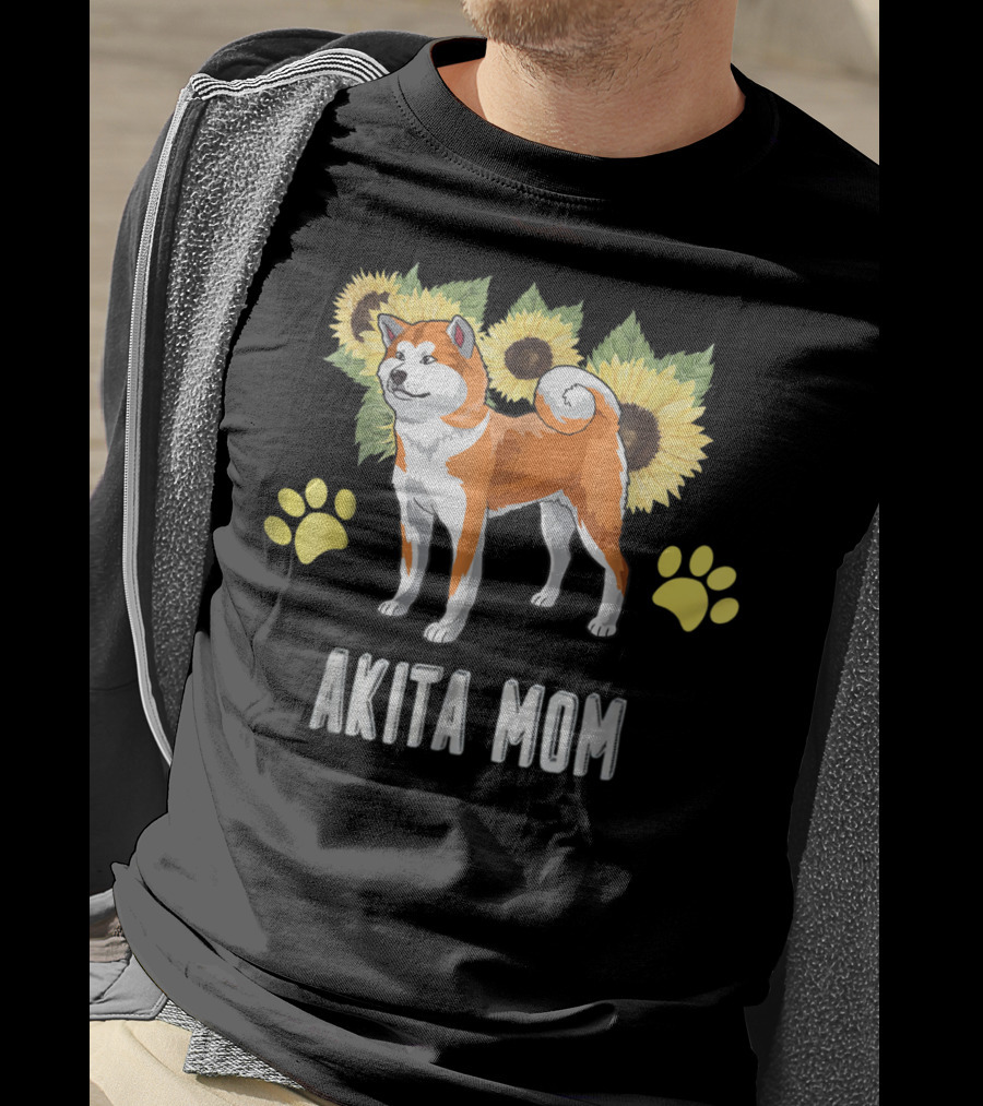 Akita Mom Sunflower With Paw Print Elements T-Shirt
