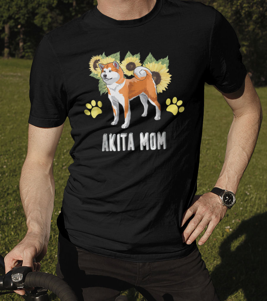 Akita Mom Sunflower With Paw Print Elements T-Shirt