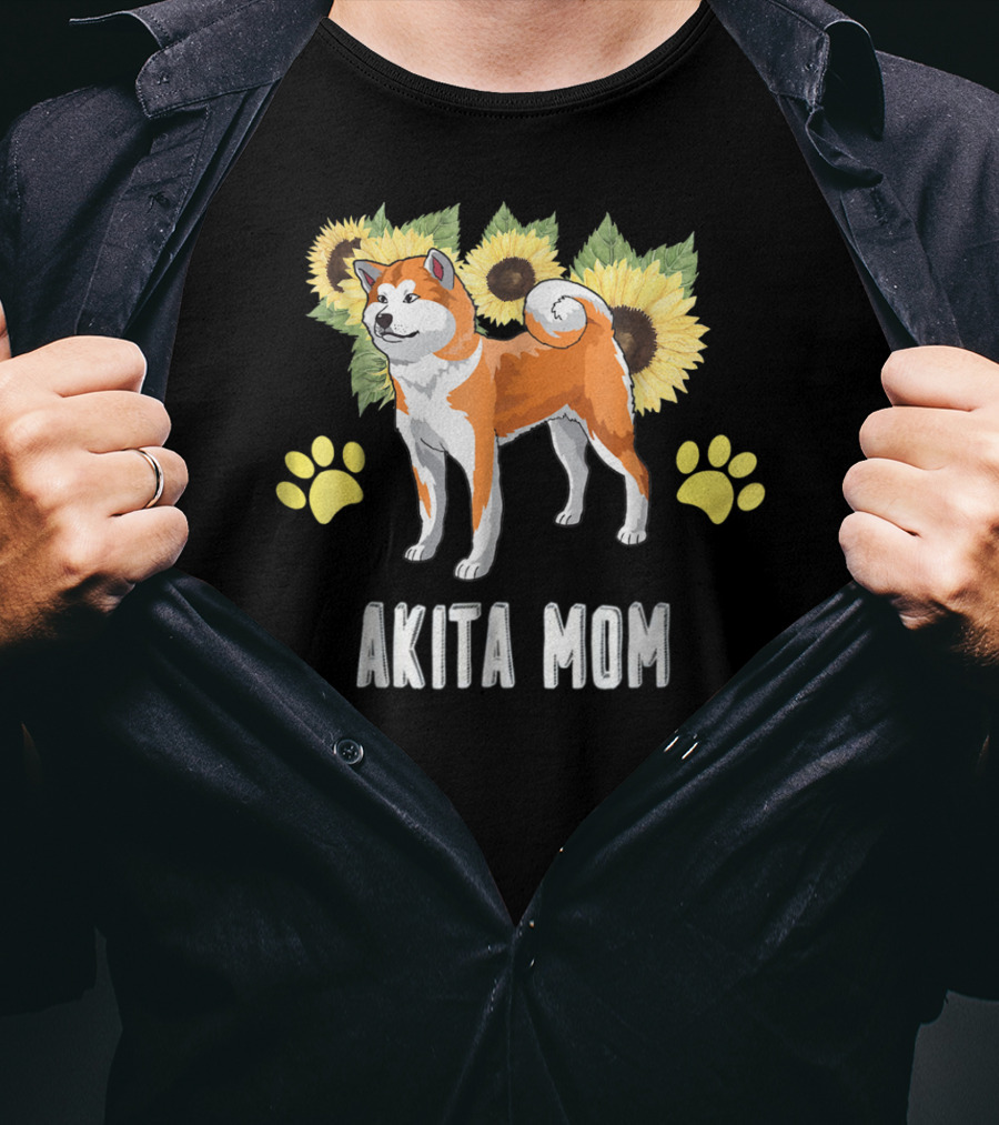 Akita Mom Sunflower With Paw Print Elements T-Shirt