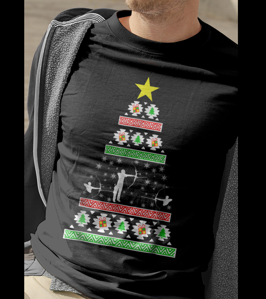 Archery Ugly Christmas Dad98 Tree Pattern With Star And Gifts T-Shirt