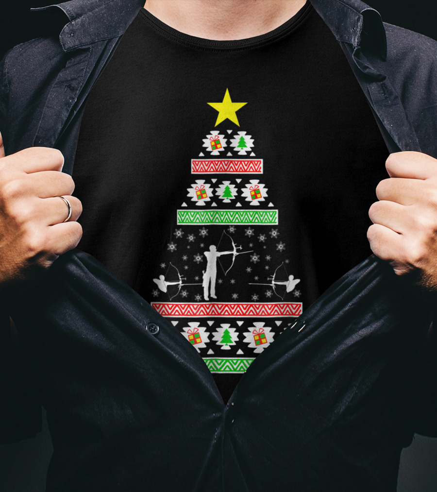 Archery Ugly Christmas Dad98 Tree Pattern With Star And Gifts T-Shirt