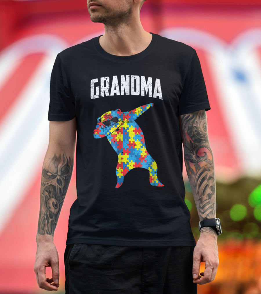 Dabbing Autism Puzzle Bear with Glasses Grandma T-Shirt