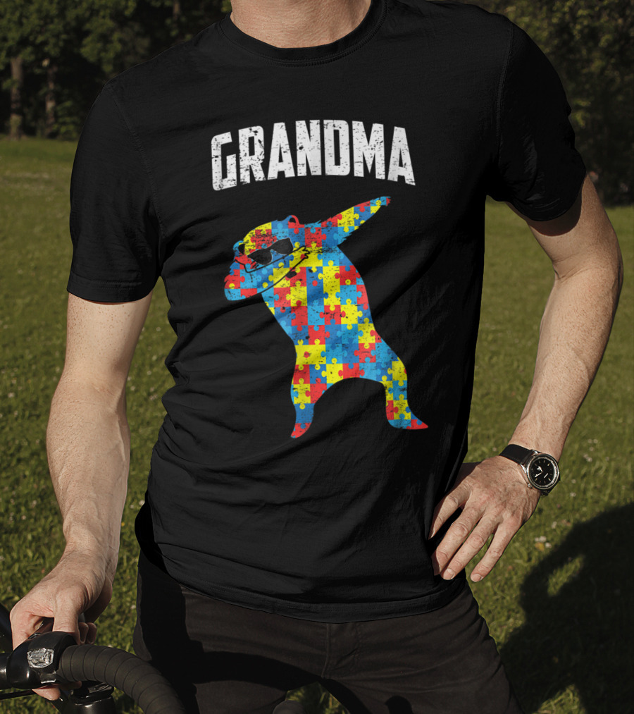 Dabbing Autism Puzzle Bear With Glasses Grandma T-Shirt