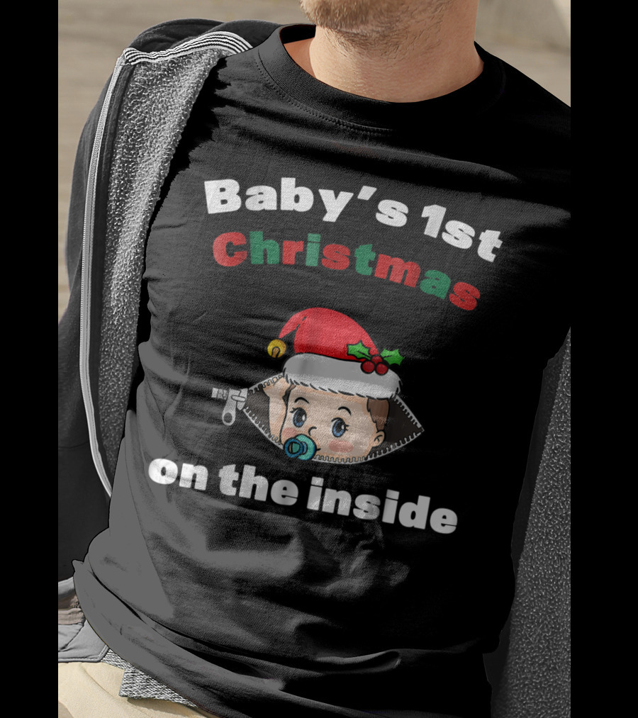 Baby's 1st Christmas On The Inside Mom To Be Santa Hat Zipper T-Shirt