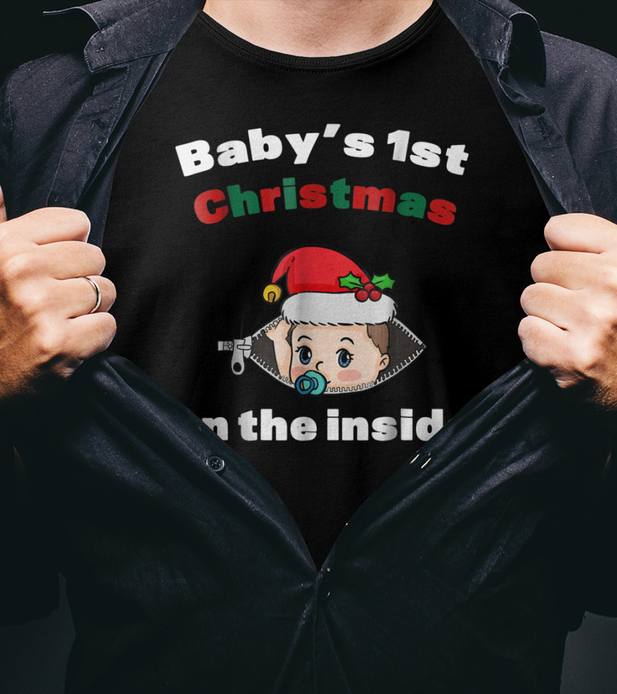Baby's 1st Christmas On The Inside Mom To Be Santa Hat Zipper T-Shirt