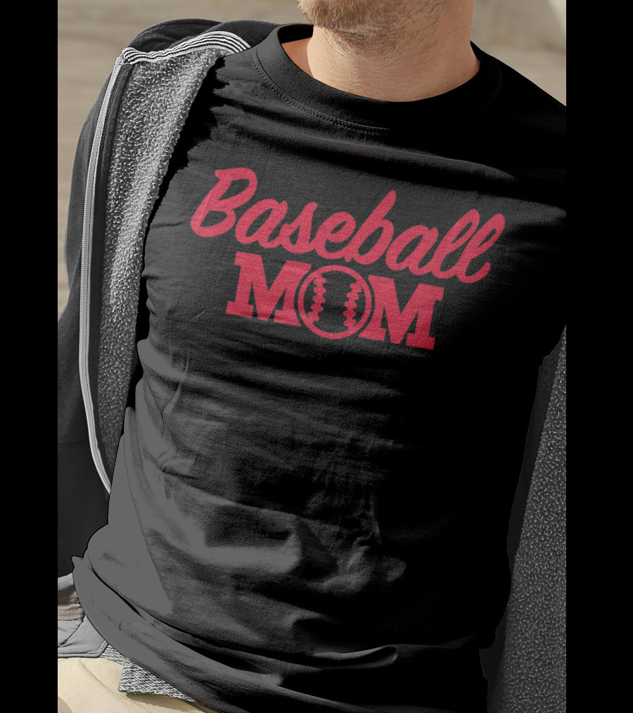 Baseball Mom Fitted Graphic With Red Text And Baseball Stitching T-Shirt